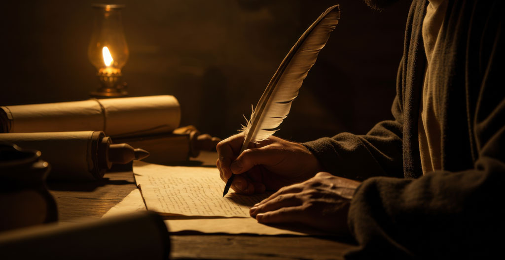 Pages manuscrites avec ratures et corrections visibles posées sur une surface en bois, détail de l'écriture à la main