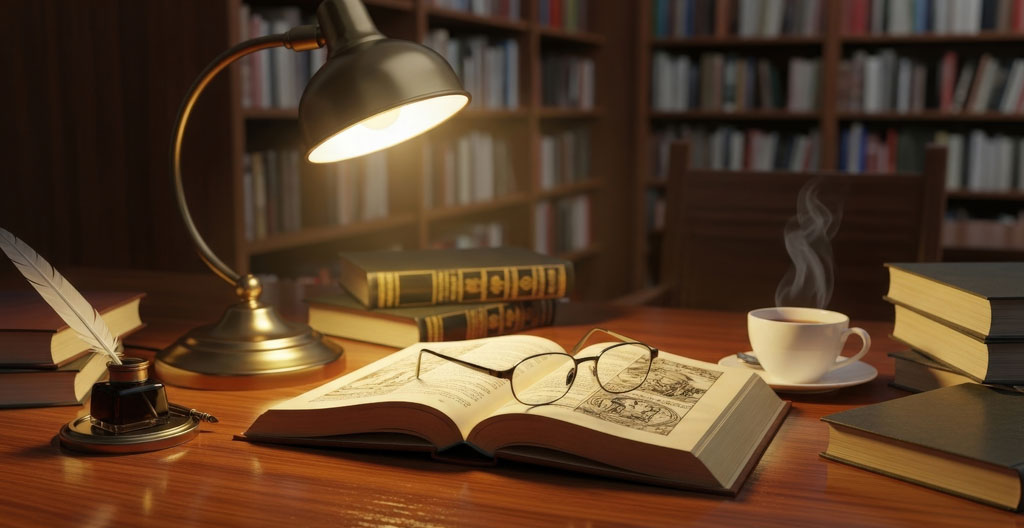 Lecteur consultant un livre ancien dans une bibliothèque classique, vue par-dessus l'épaule, rayonnages de livres en arrière-plan