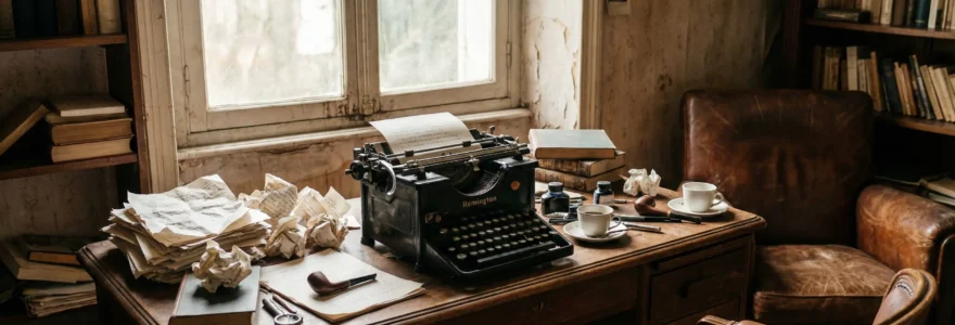 Bureau d'écrivain vintage avec machine à écrire et pages manuscrites éparses, atmosphère studieuse années 1940