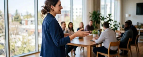 Une personne vue de trois-quarts arrière, debout face à une salle de réunion baignée de lumière naturelle, esquissant un geste d'explication vers ses interlocuteurs