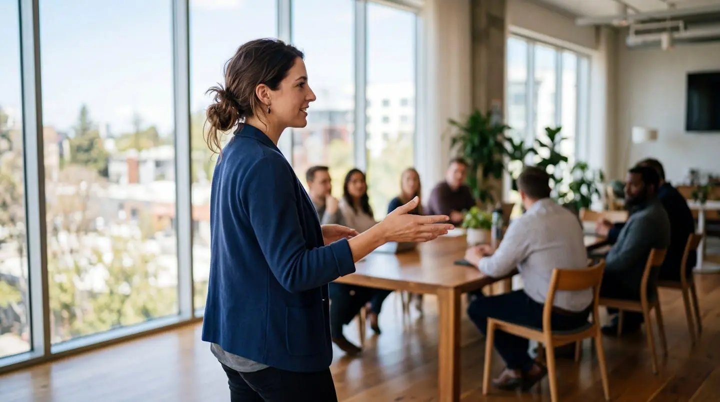 Une personne vue de trois-quarts arrière, debout face à une salle de réunion baignée de lumière naturelle, esquissant un geste d'explication vers ses interlocuteurs