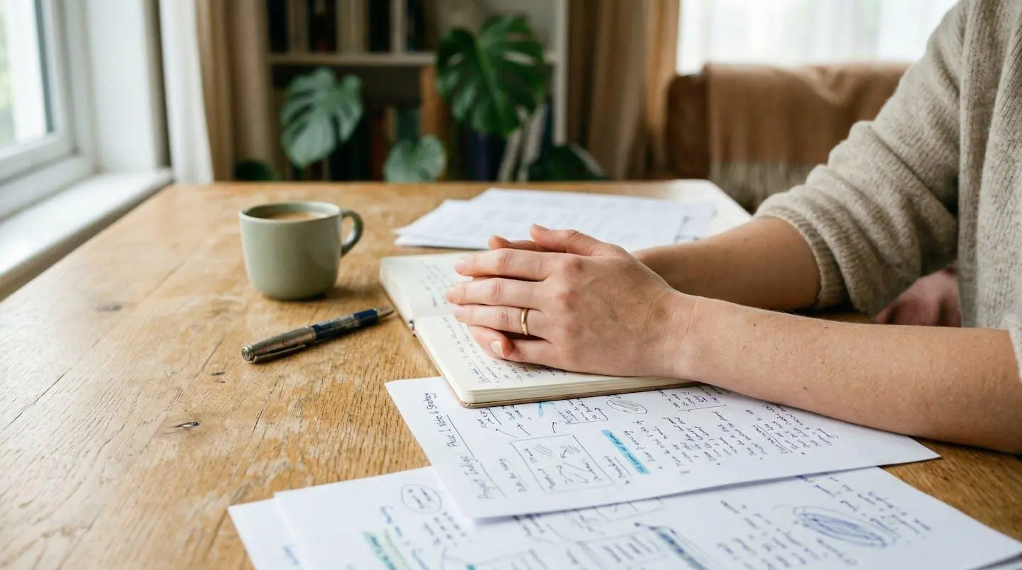 Gros plan sur des mains posées sur un pupitre en bois clair, documents annotés éparpillés, ambiance de préparation concentrée avant une prise de parole
