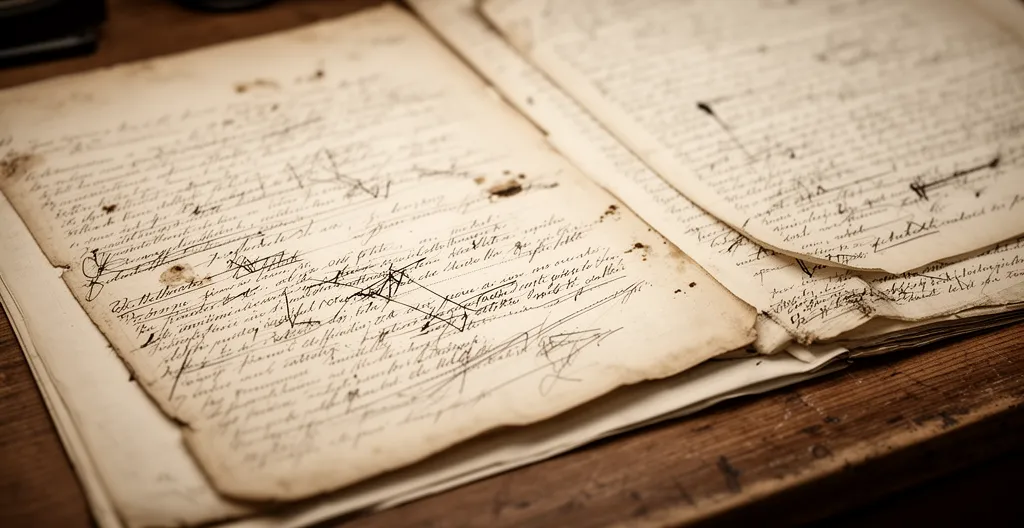 Pages manuscrites avec ratures et corrections visibles posées sur une surface en bois, détail de l'écriture à la main