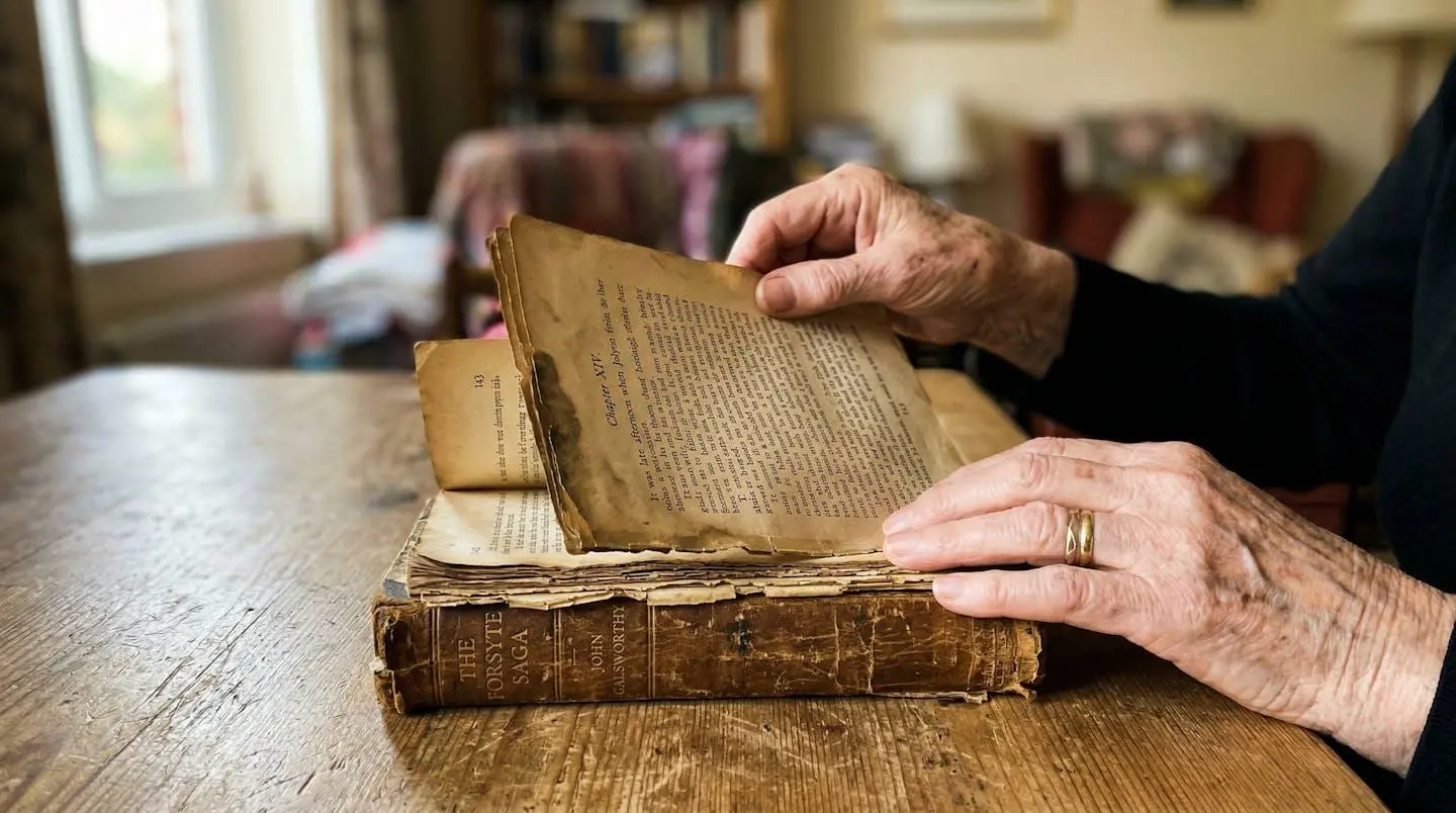 Mains d'une personne âgée feuilletant délicatement un vieux livre jauni sur une table en bois simple
