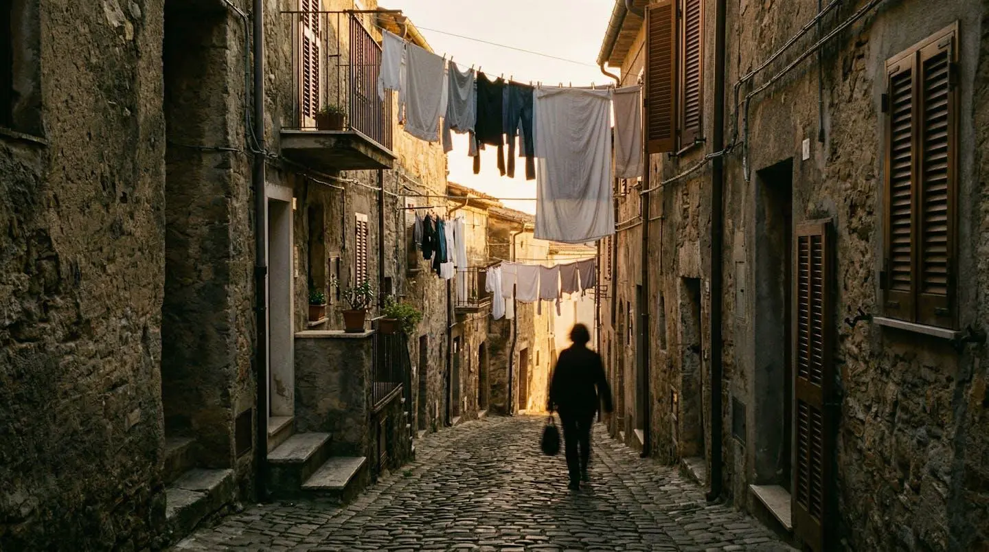 Ruelle méditerranéenne étroite avec linges suspendus aux fenêtres, baignée d'une lumière dorée de fin d'après-midi