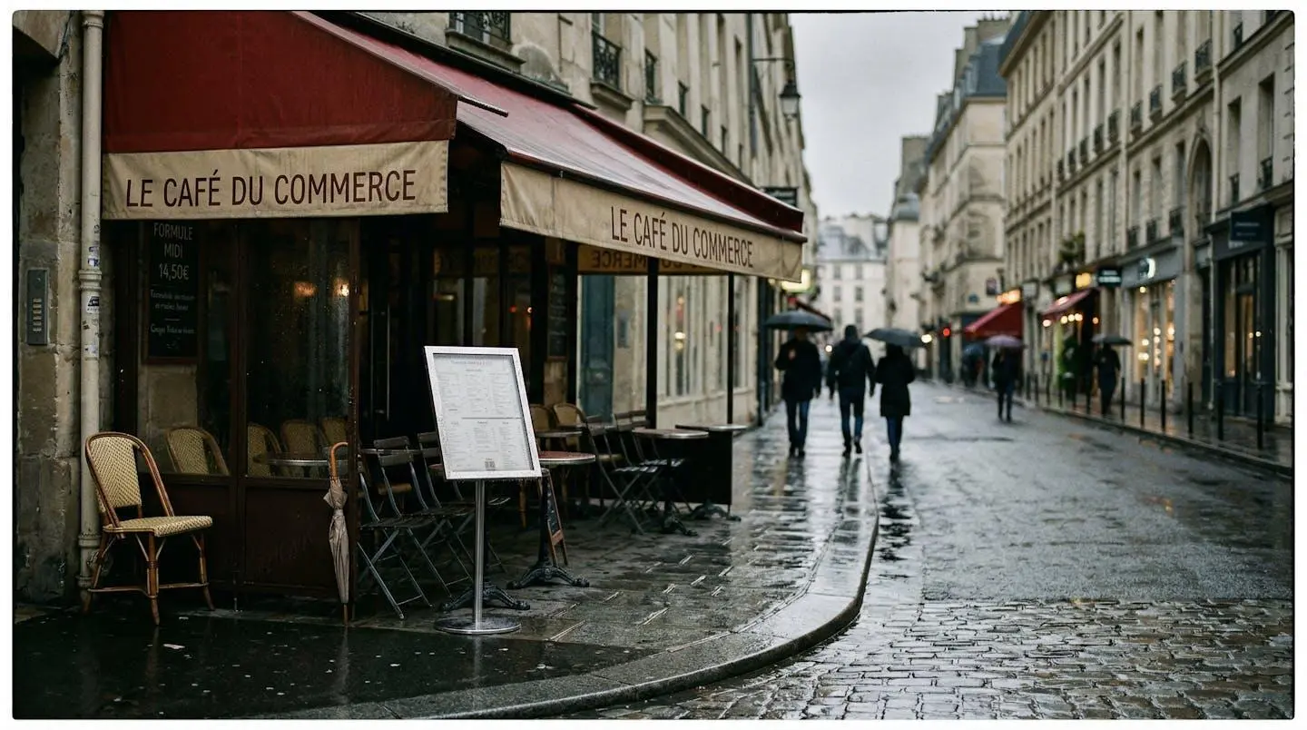 Terrasse déserte d'un café parisien par temps de pluie, chaises vides et reflets sur les pavés mouillés